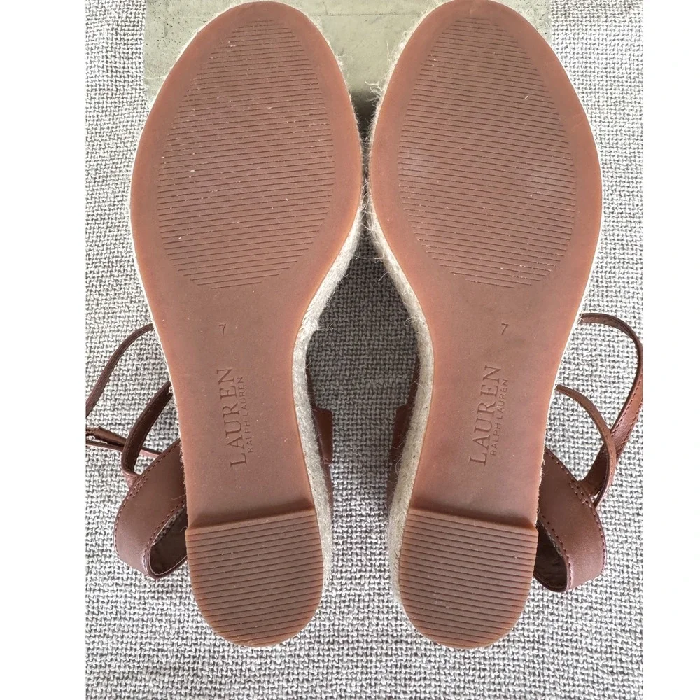 Lauren Ralph Lauren Delores Espadrille‎ Wedge Sandals Brown Leather 7B